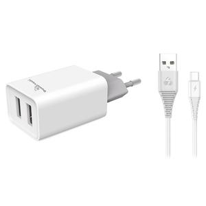Powertech Wall Adapter 2x USB & micro USB Cable White (PT-775)