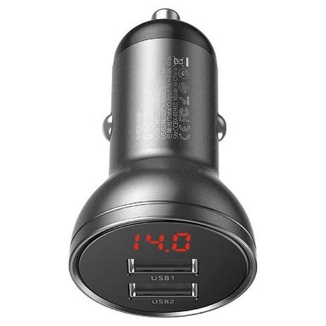 Digital Display Car Charger Baseus 24W 2x USB-A Grey (CCBX-0G)