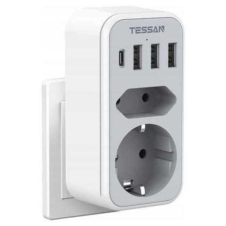 Αντάπτορας Ρεύματος Tessan 1x Schuko, 1x EU Socket, 3x USB & 1x USB-C White (TS-328-DE-C)