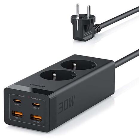 Πολύπριζο Ρεύματος Tessan 2x Schuko, 2x USB & 2x USB-C 30W Black 2m (TS-FS01DE00)