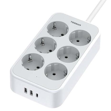 Πολύπριζο Tessan 6x Schuko, 2x USB & 1x USB-C White 2m (TS-PS02DE00)