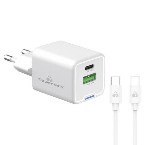 Powertech Wall Adapter USB-A/USB-C 33W & USB-C Cable White (PT-1224)