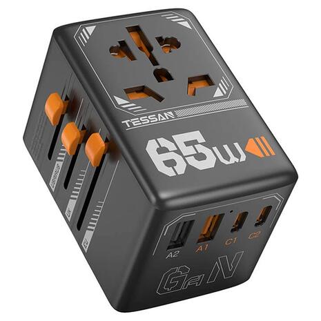 Αντάπτορας Ρεύματος Tessan Universal Travel Adapter 65W 2x USB & 2x USB-C Black (TS-WTA03)