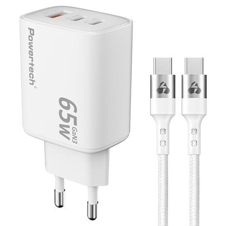 Powertech Wall Adapter USB-A & 2x USB-C 65W & USB-C Cable White (PT-1415)