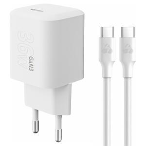 Powertech Wall Adapter USB-C 36W & USB-C Cable White (PT-1350)