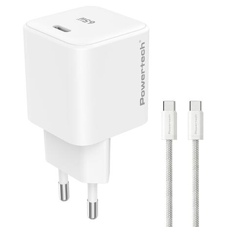 Powertech Wall Adapter USB-C 65W GaN3 & USB-C Cable White (PT-1577)