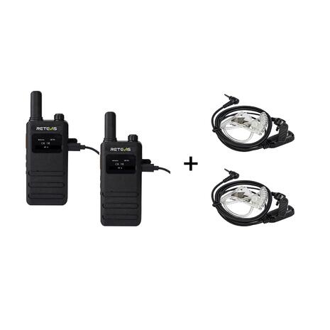 Walkie Talkie Retevis B63S with LCD Screen (2-pack) + 2x G-Hook earpiece C9250A, Transparent